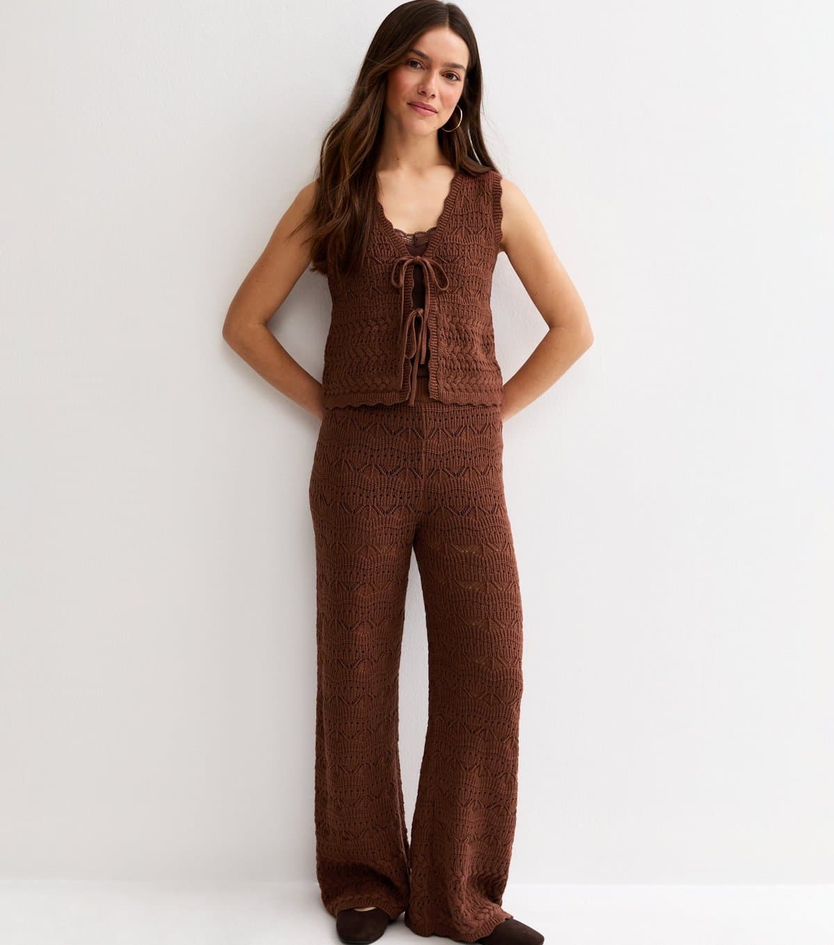New Look Women's Petite Brown Cotton Rich Wave Stitchy Crochet-Look Knit Trousers New Look