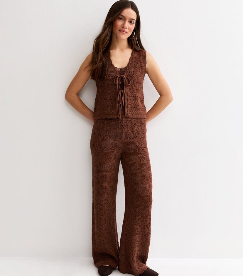 New Look Women's Petite Brown Cotton Rich Wave Stitchy Crochet-Look Knit Trousers New Look - 1