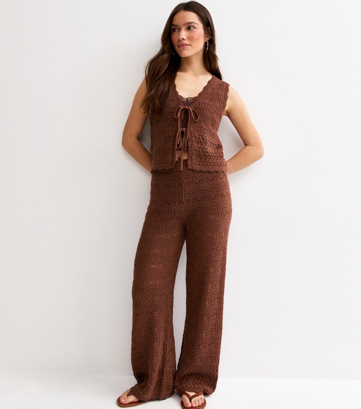 New Look Women's Petite Brown Cotton Rich Wave Stitchy Crochet-Look Knit Trousers New Look - 3