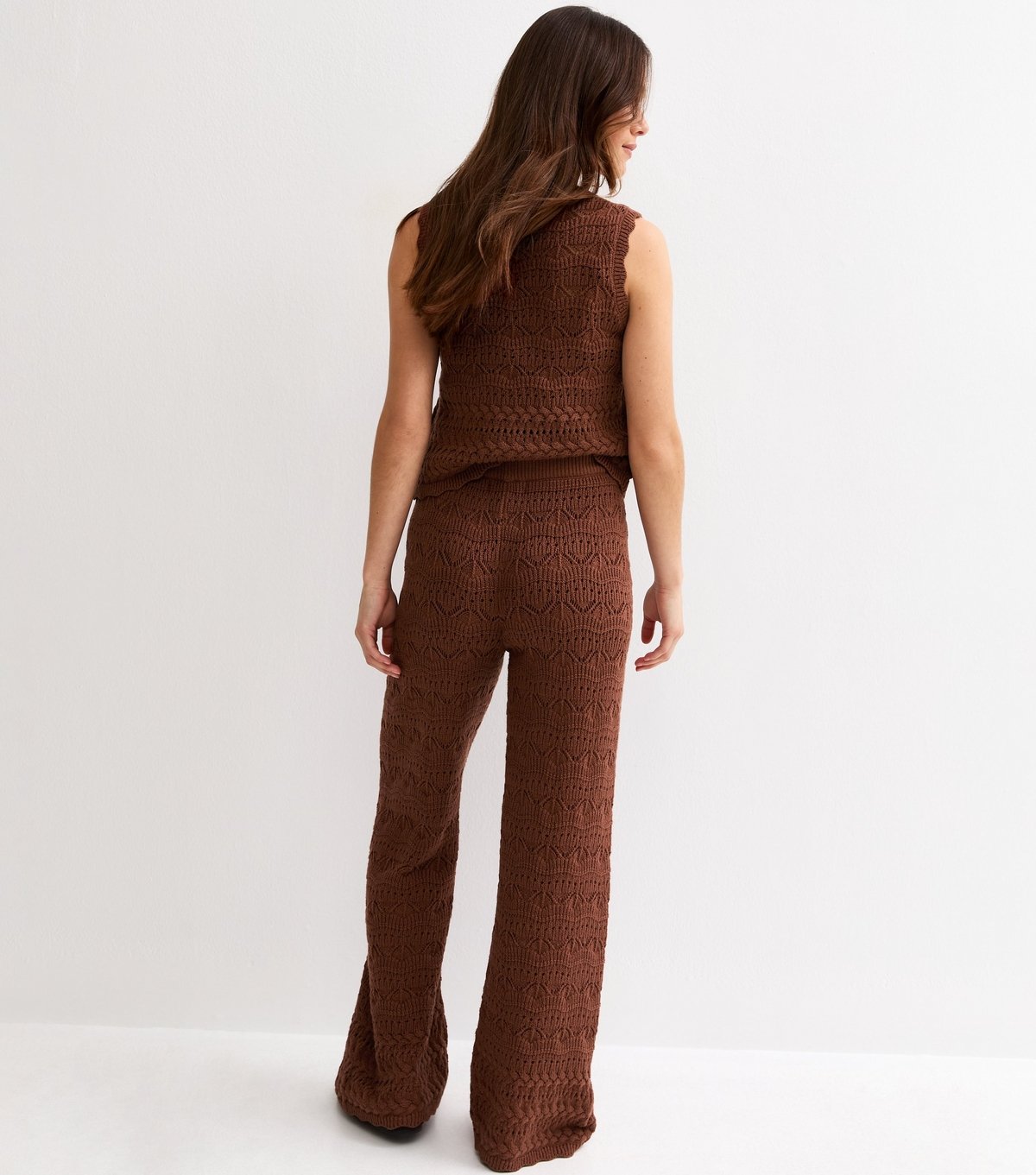 New Look Women's Petite Brown Cotton Rich Wave Stitchy Crochet-Look Knit Trousers New Look - 4