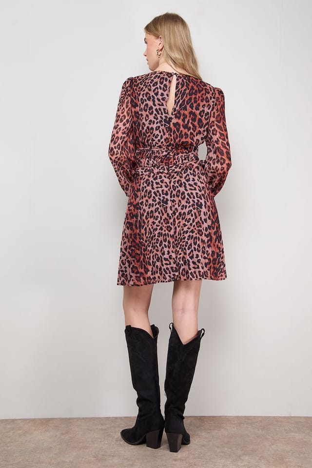 Oasis Oasis Women's Printed Pleated Skirt Long Sleeve Mini Dress in Animal - 3