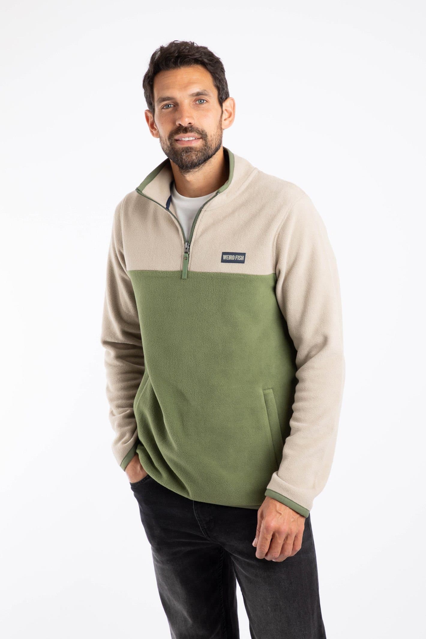Weird Fish Weird Fish Men's Tristan 1/4 Zip Colour Block Microfleece in Olive