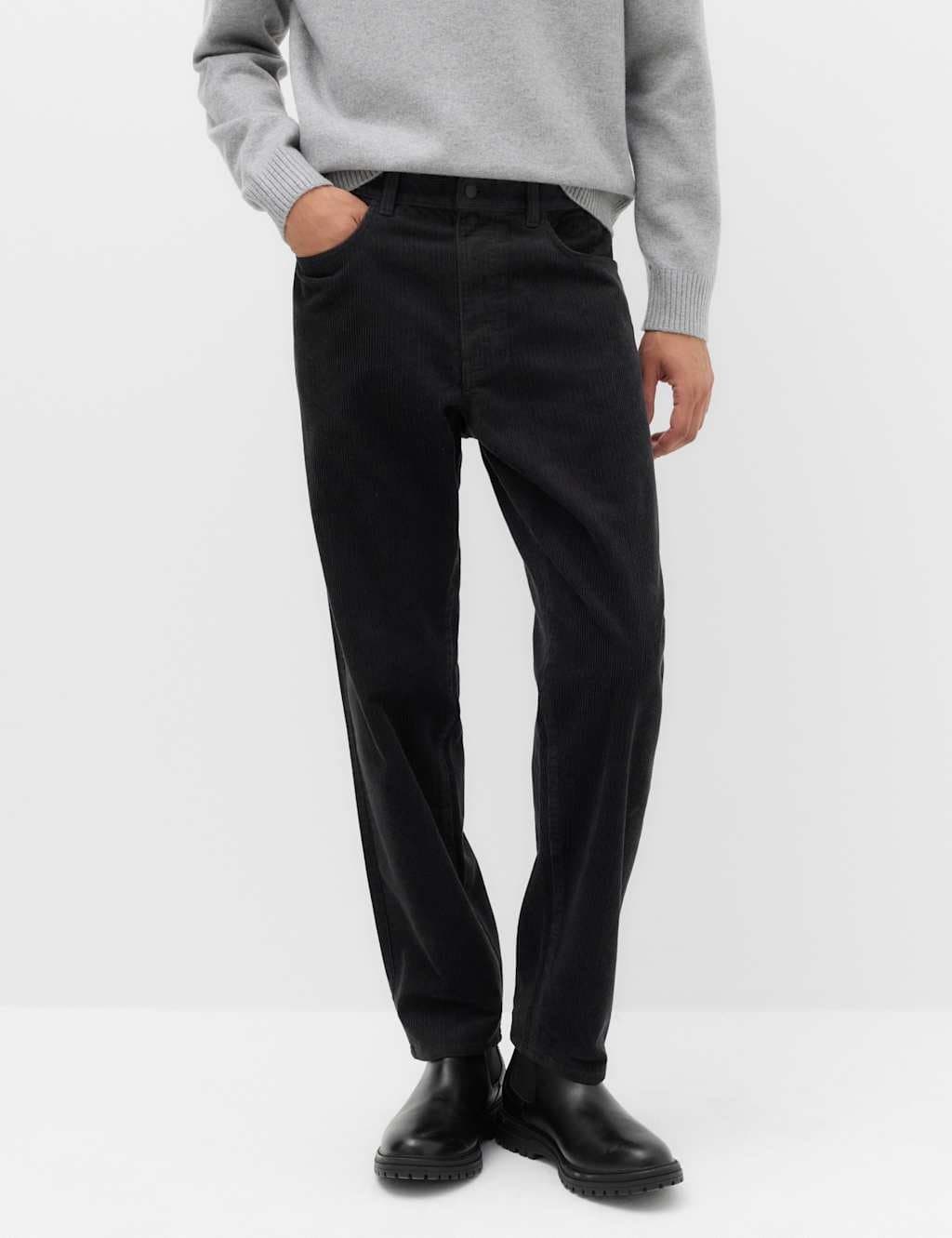 Marks & Spencer M&S Straight Fit Pure Cotton Corduroy 5 Pocket Trousers Black