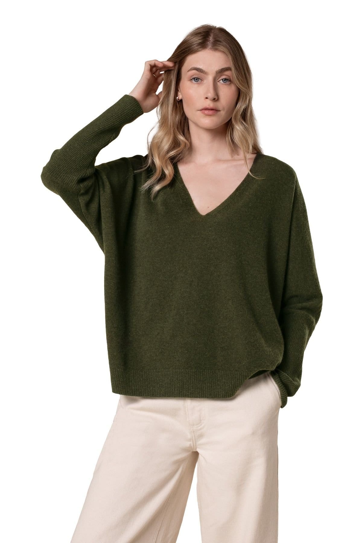 Celtic & Co Celtic & Co Women's Lambswool Slouchy V Nk Jumper in Dark Olive - 4