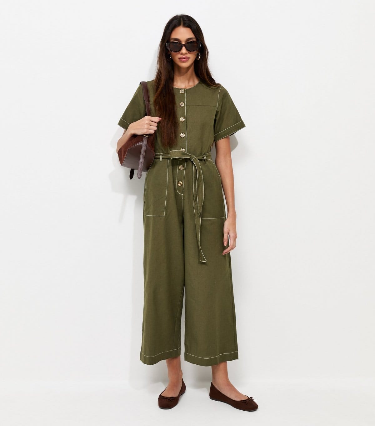 New Look Women's Dark Khaki Cotton Rich Cropped Wide Leg Jumpsuit New Look - 1