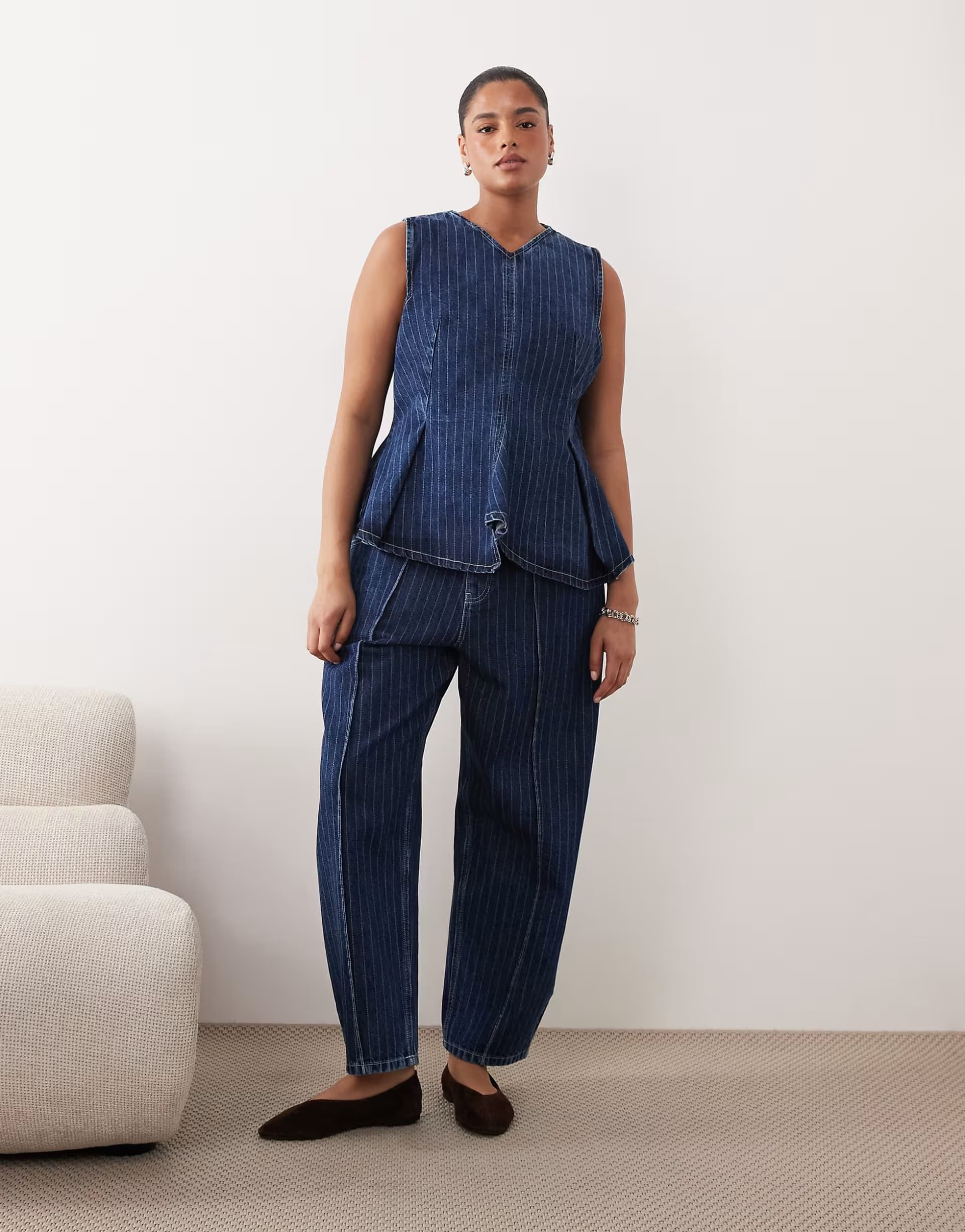 ASOS ARRANGE Curve stitch stripe denim pleated v neck top and front seam detail jean co-ord in washed blue stripe