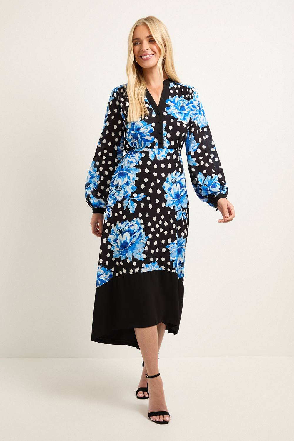 Wallis Wallis Women's Petite Floral Belted Contrast Midi Dress in Black - 2