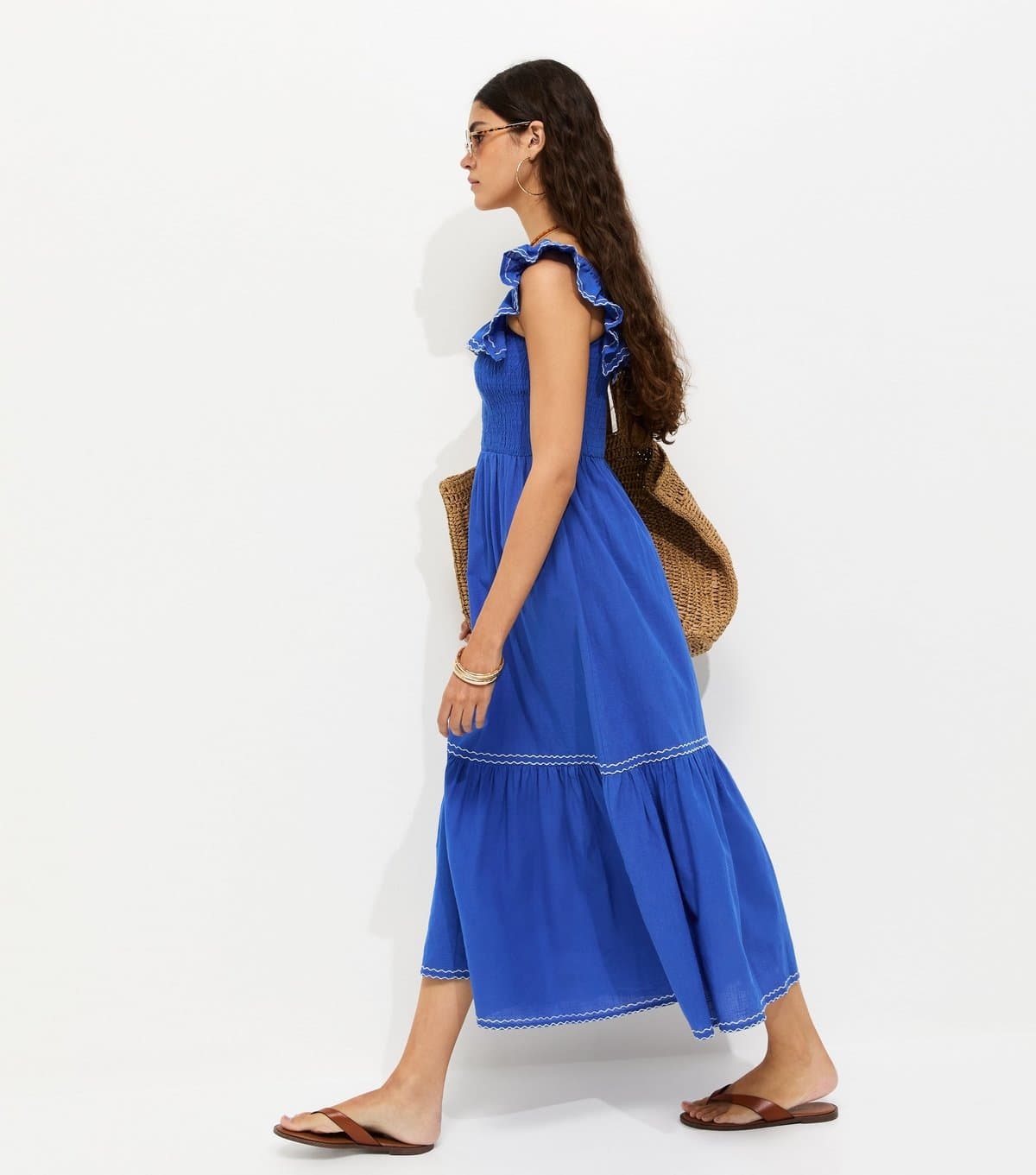 New Look Women's Blue Cotton Embroidered Ruffle Trim Midi Dress New Look