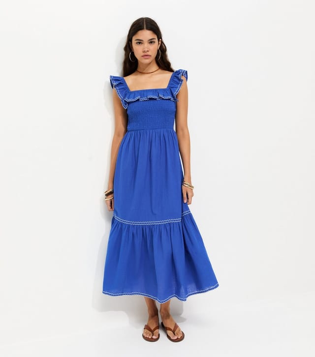 New Look Women's Blue Cotton Embroidered Ruffle Trim Midi Dress New Look - 3