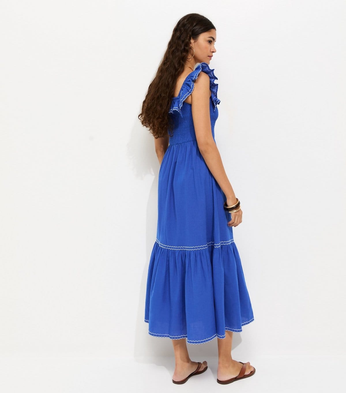 New Look Women's Blue Cotton Embroidered Ruffle Trim Midi Dress New Look - 4