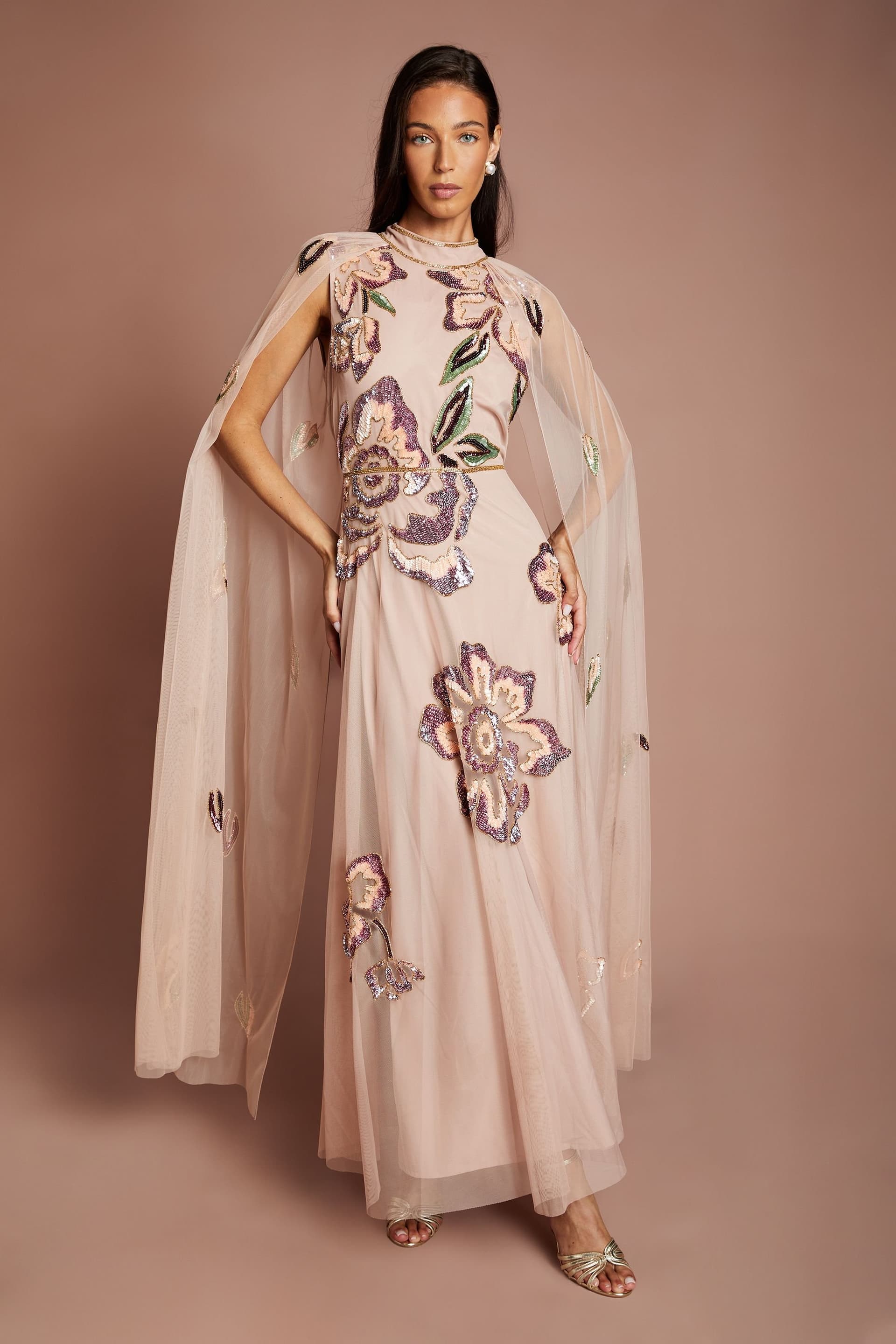 Coast Coast Women's Embellished Cape Sleeve Maxi Dress in Nude