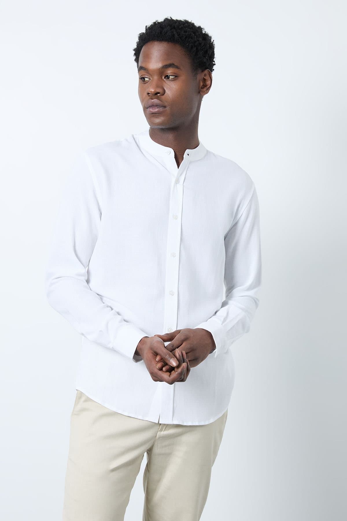 Burton Burton Men's White Linen Blend Grandad Collar Shirt