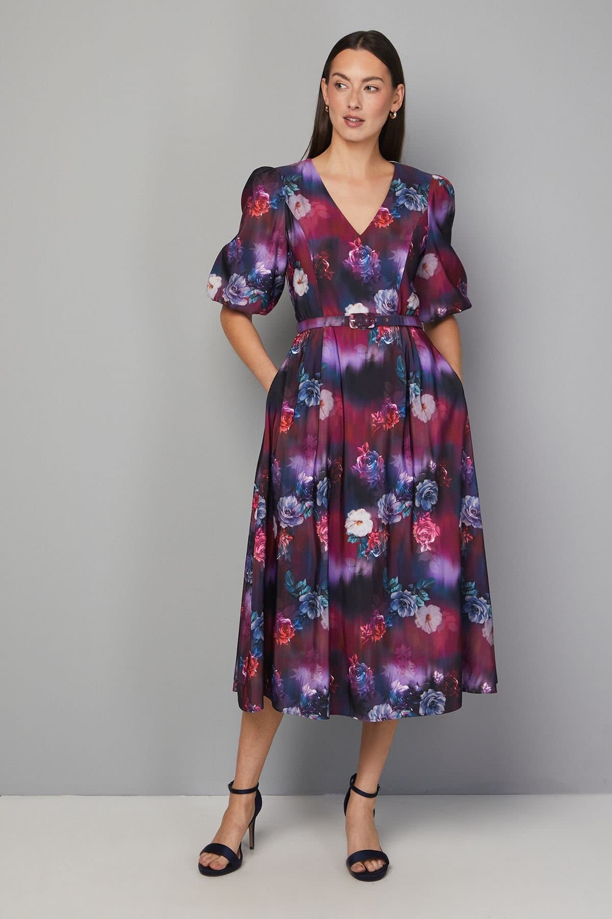 Wallis Wallis Women's Floral Twill Belted Midi Dress in Wine