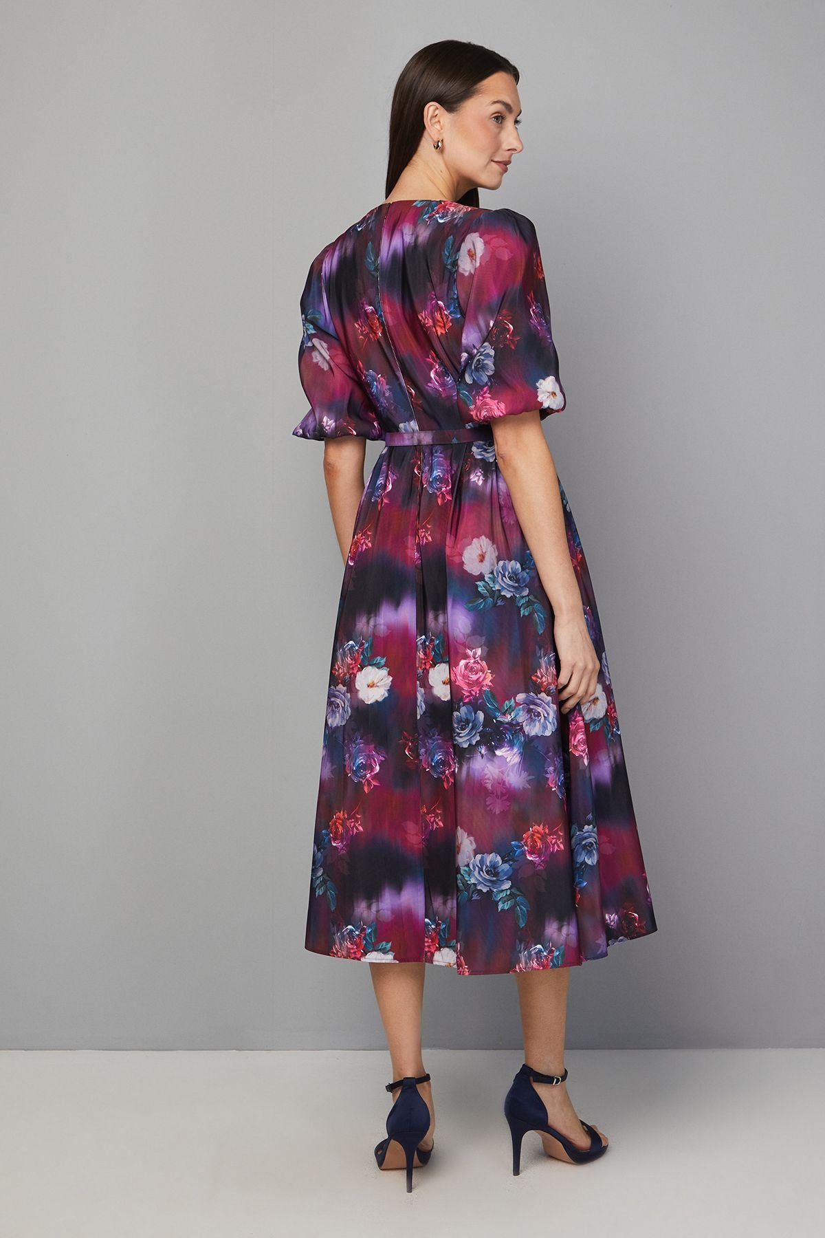 Wallis Wallis Women's Floral Twill Belted Midi Dress in Wine - 3