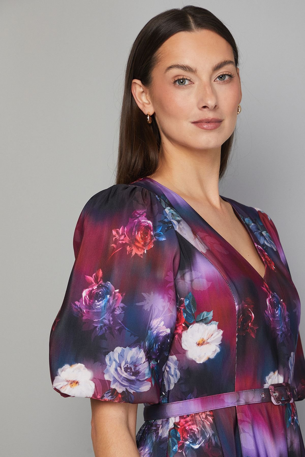 Wallis Wallis Women's Floral Twill Belted Midi Dress in Wine - 4