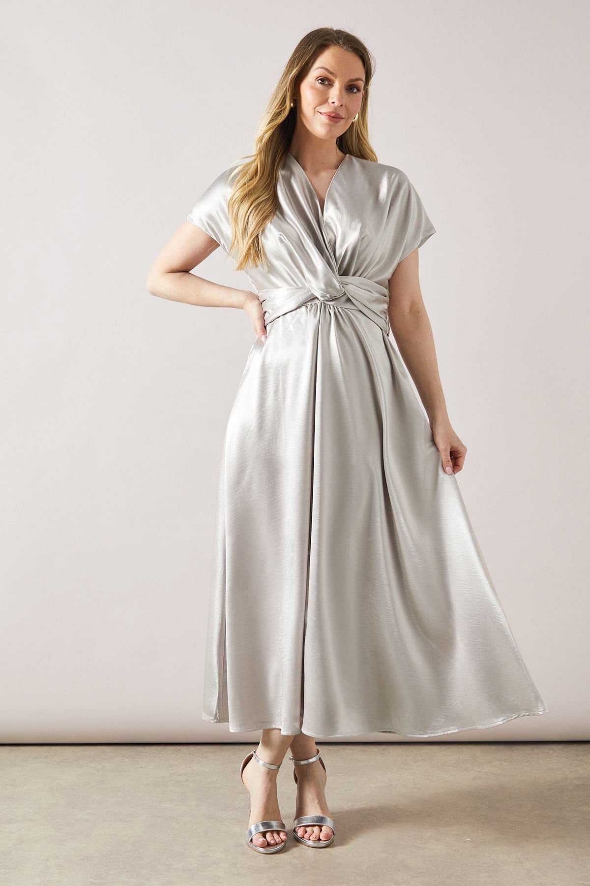 Wallis Wallis Women's Satin Twist Detail Midaxi Dress in Champagne