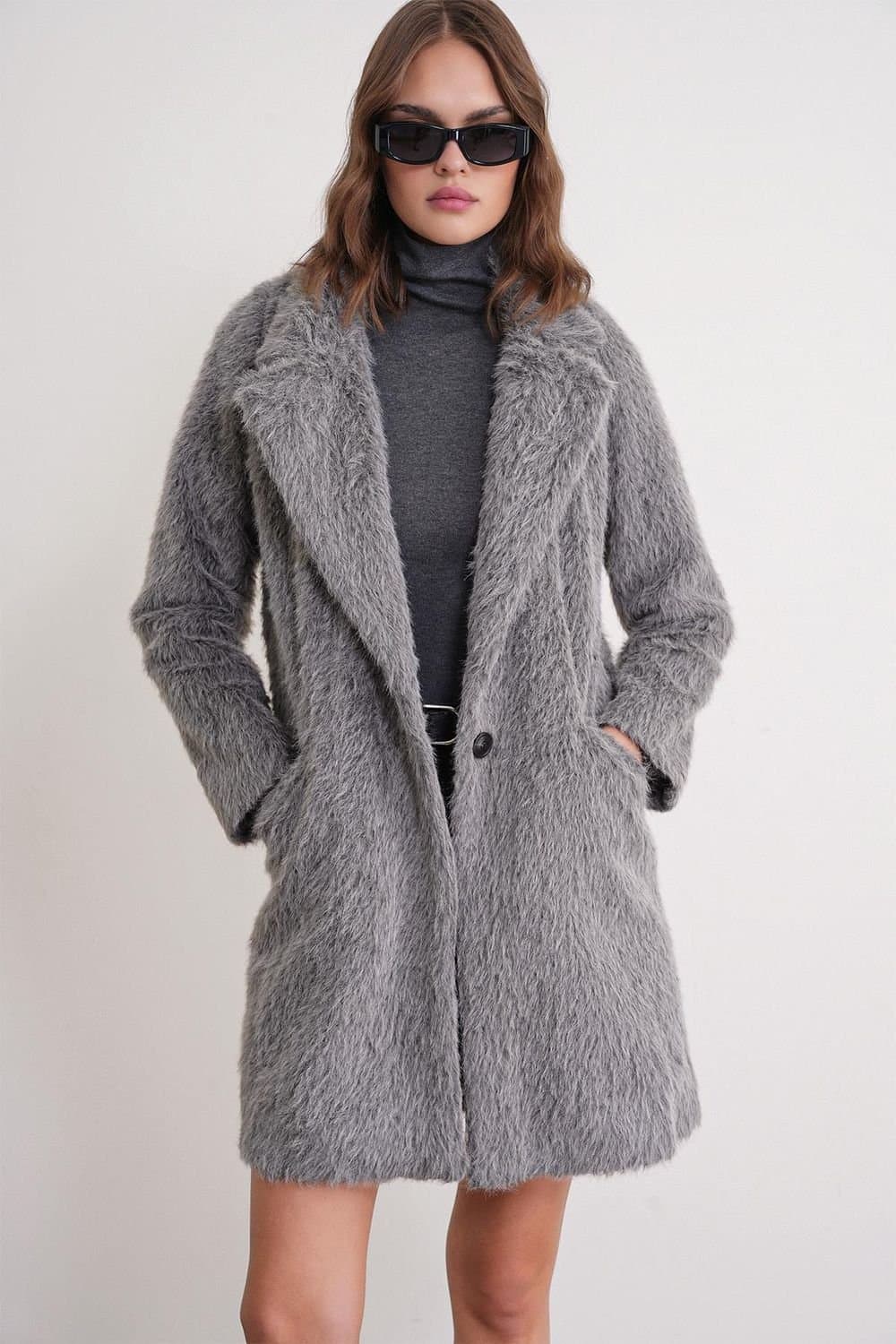 MixRay MixRay Women's Textured Long Coat with Jacket Collar in Grey