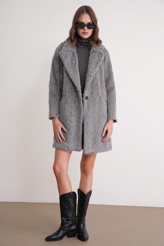 MixRay MixRay Women's Textured Long Coat with Jacket Collar in Grey - 2