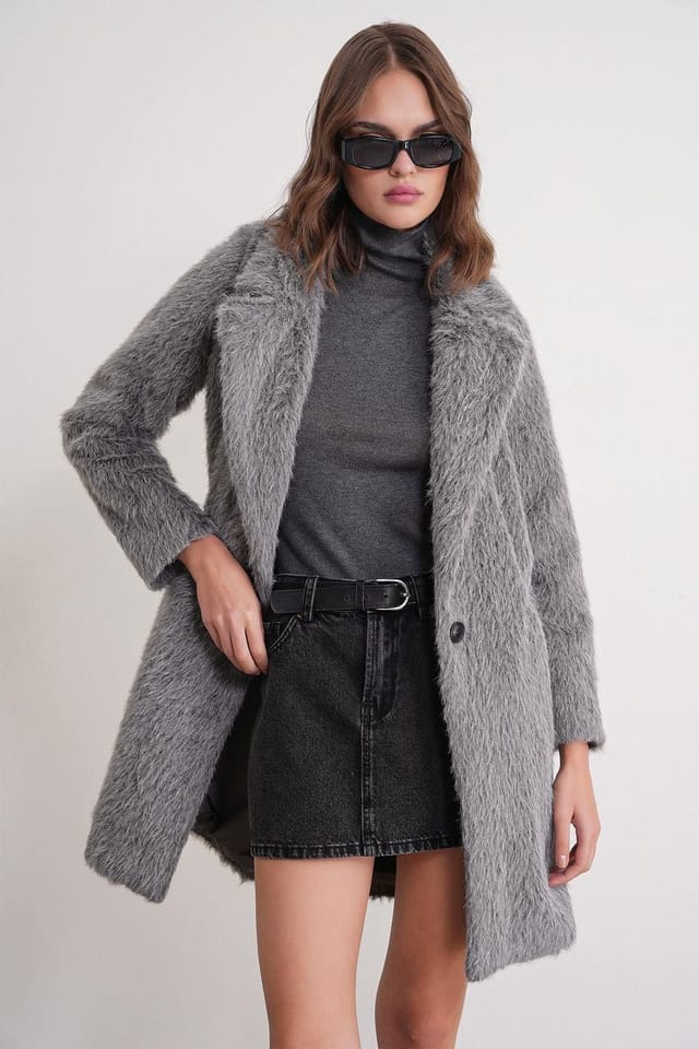 MixRay MixRay Women's Textured Long Coat with Jacket Collar in Grey - 3