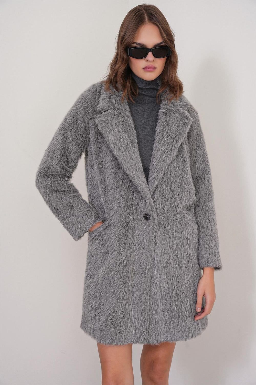 MixRay MixRay Women's Textured Long Coat with Jacket Collar in Grey - 4