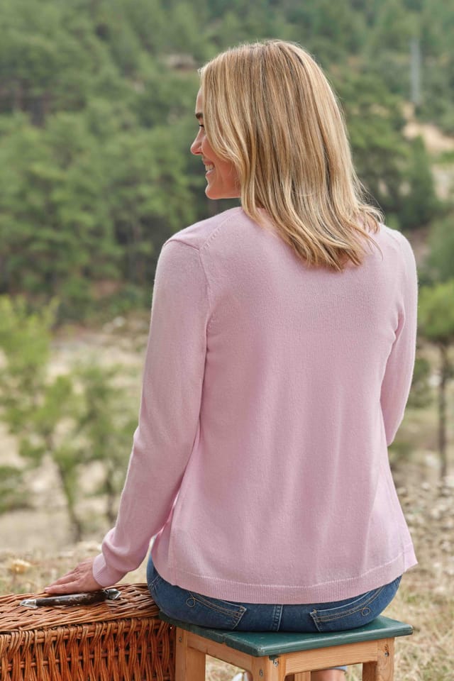 WoolOvers WoolOvers Women's Cashmere Merino Classic V Neck Cardigan in Light Pink - 3