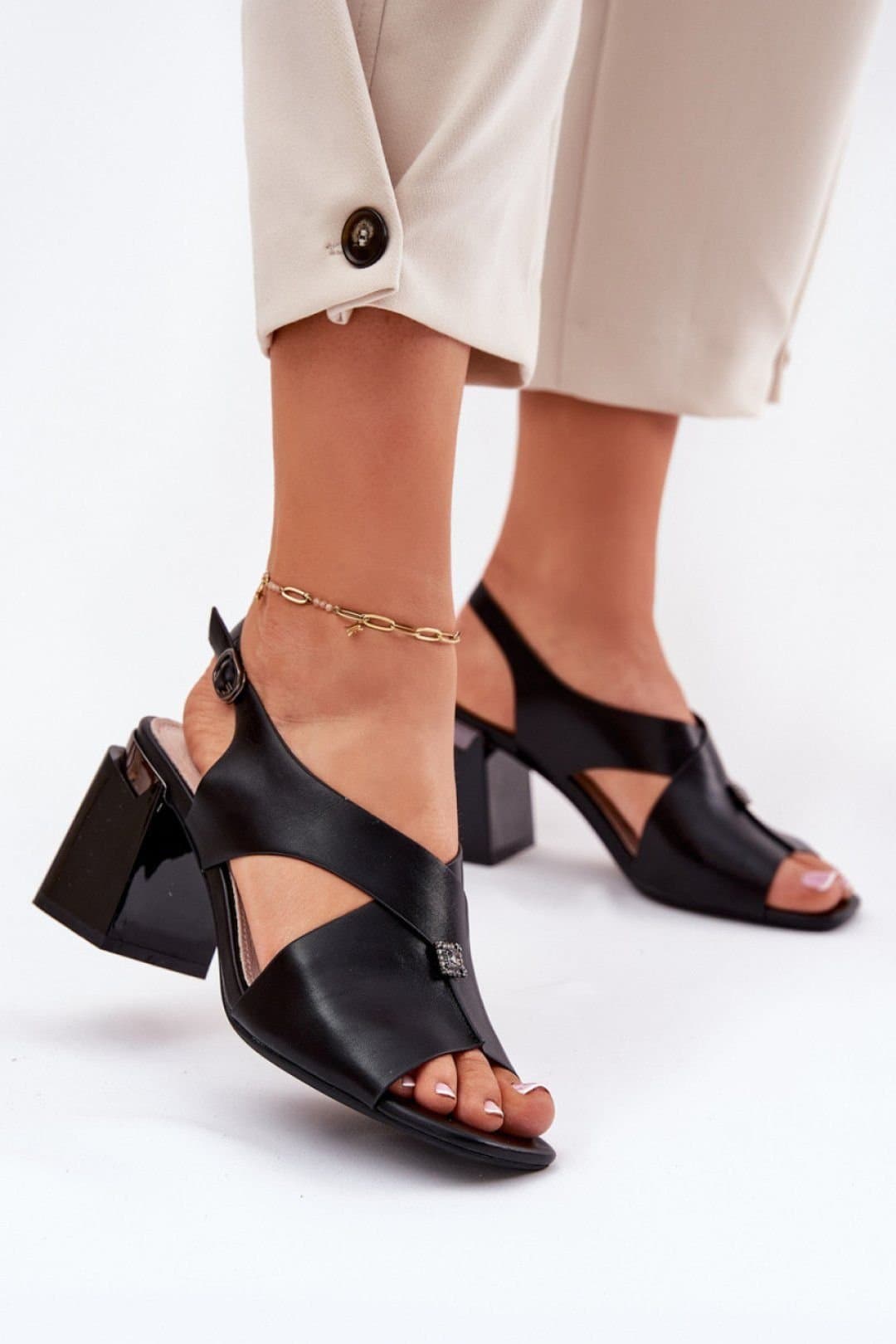 Love Lace Love Lace Women's Elegant Pillar Heel Sandals with Buckle Front Detail Style in Black