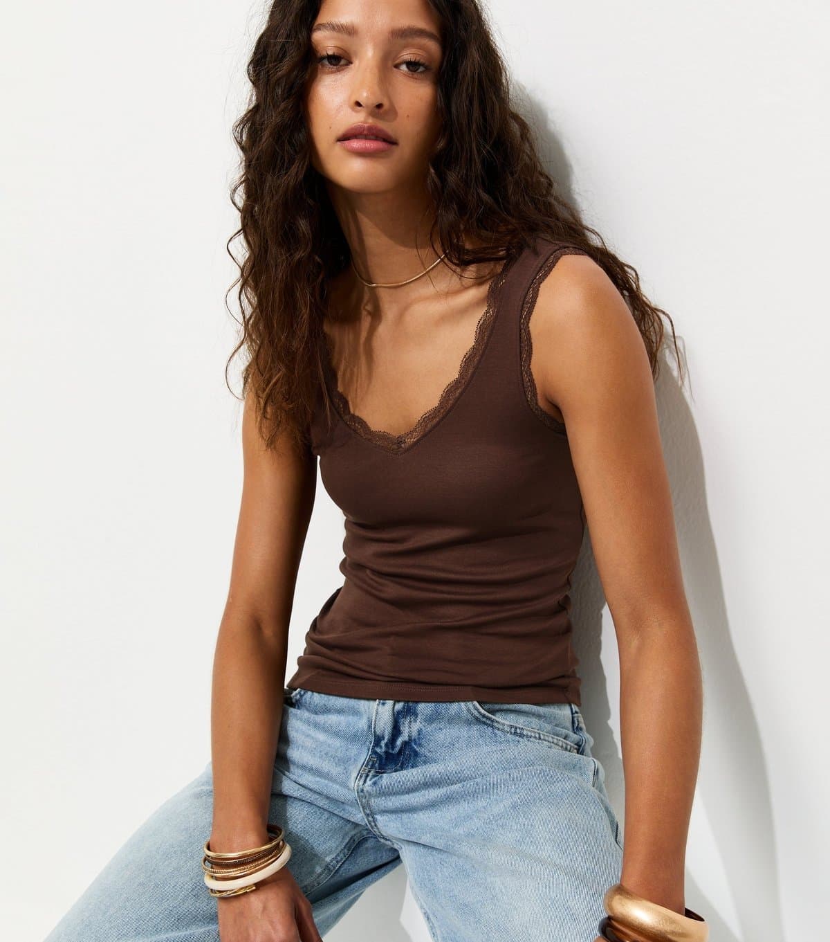 New Look Women's Dark Brown Lace Trim Vest New Look