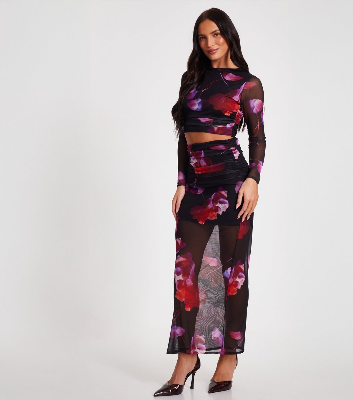 Quiz Women's Black Floral Print Mesh Crop Top Quiz New Look - 2