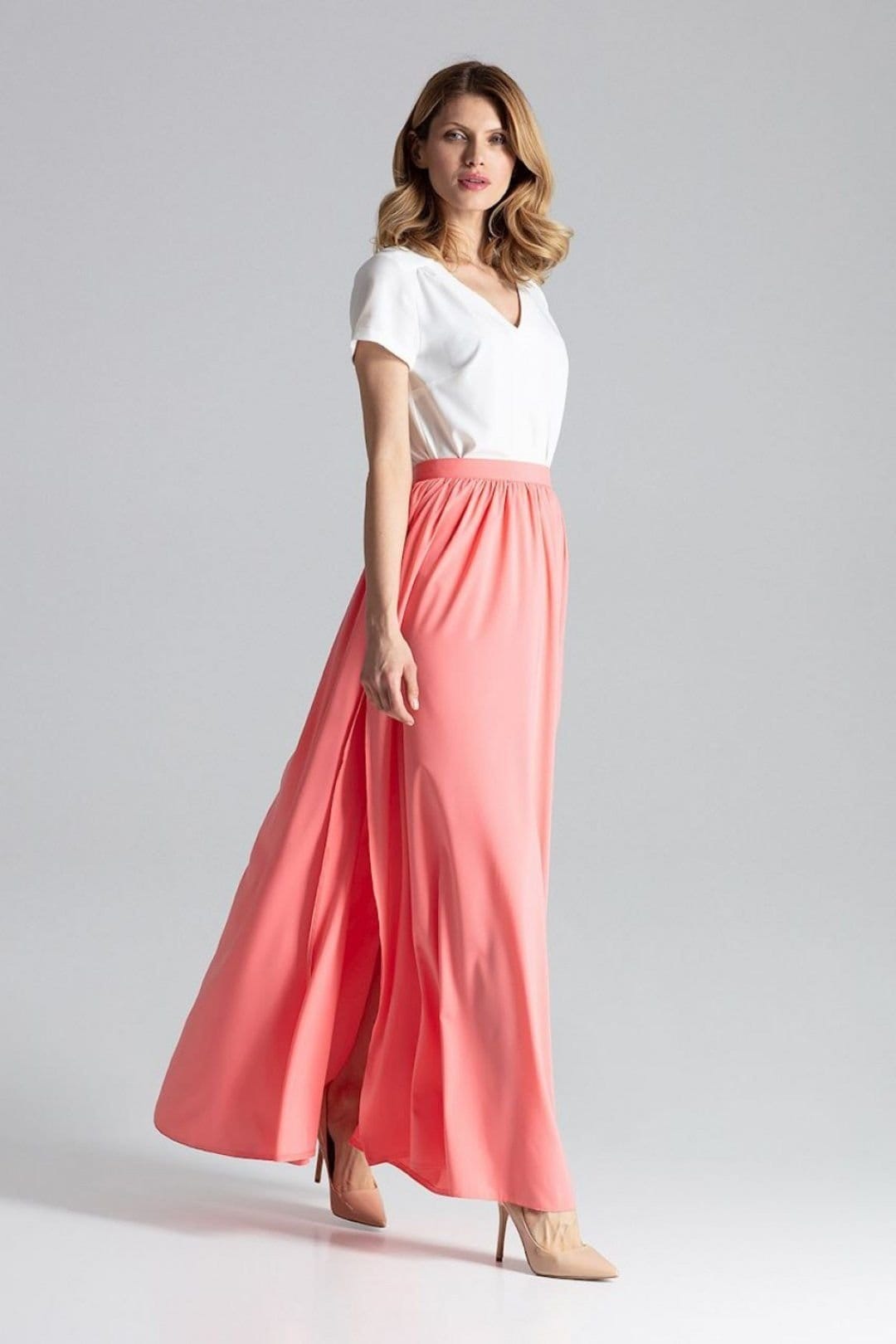 Love Lace Pink Satin Long Wide Skirt with Side Slits & Zip