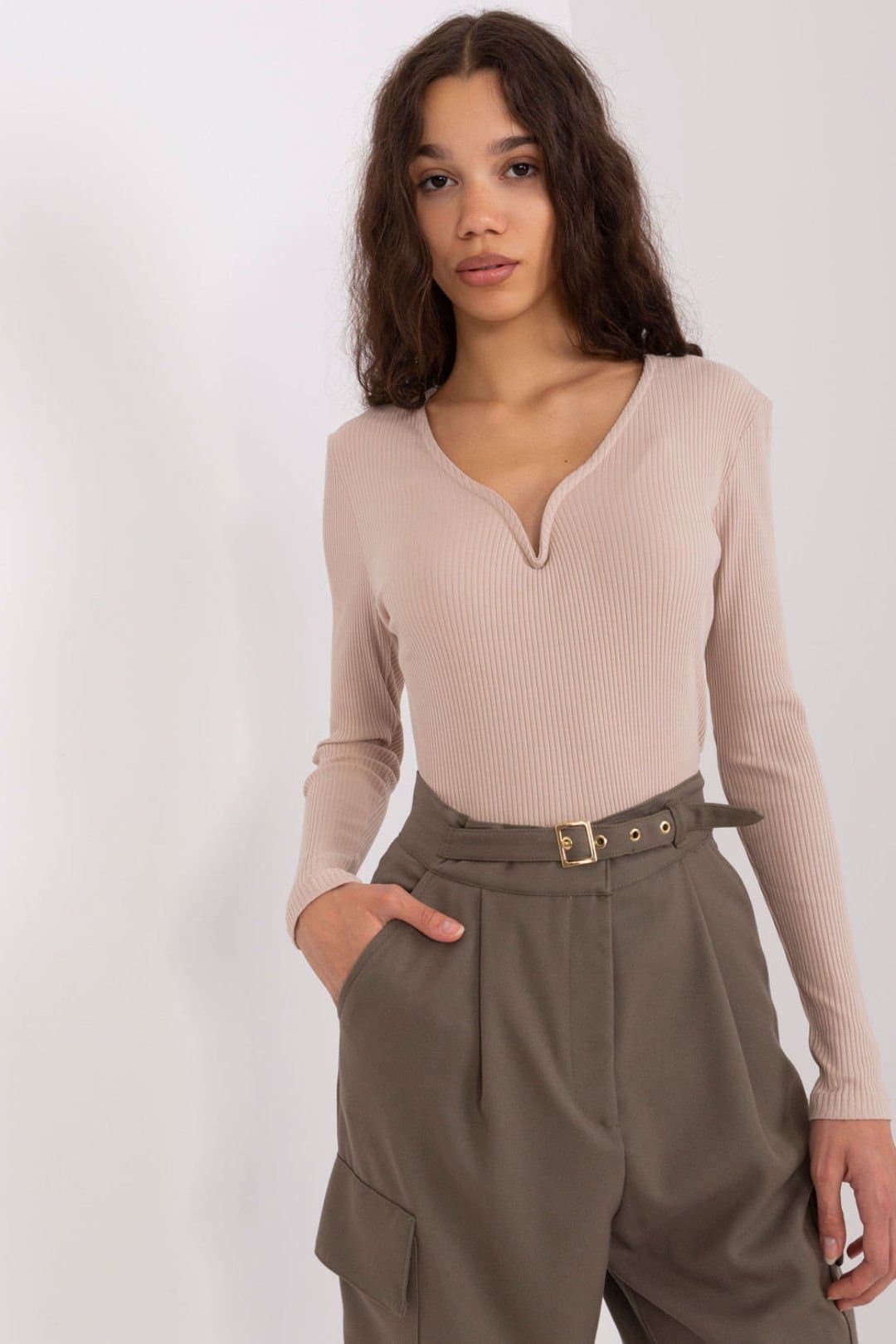 Love Lace Love Lace Women's Everyday Cotton Ribbed Heart Neck Blouse in Beige
