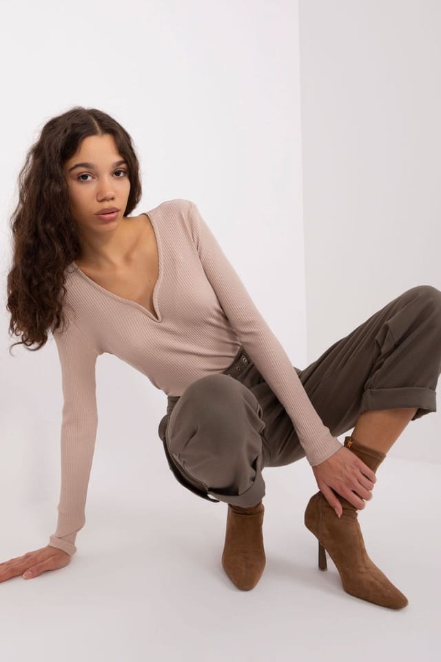 Love Lace Love Lace Women's Everyday Cotton Ribbed Heart Neck Blouse in Beige - 2