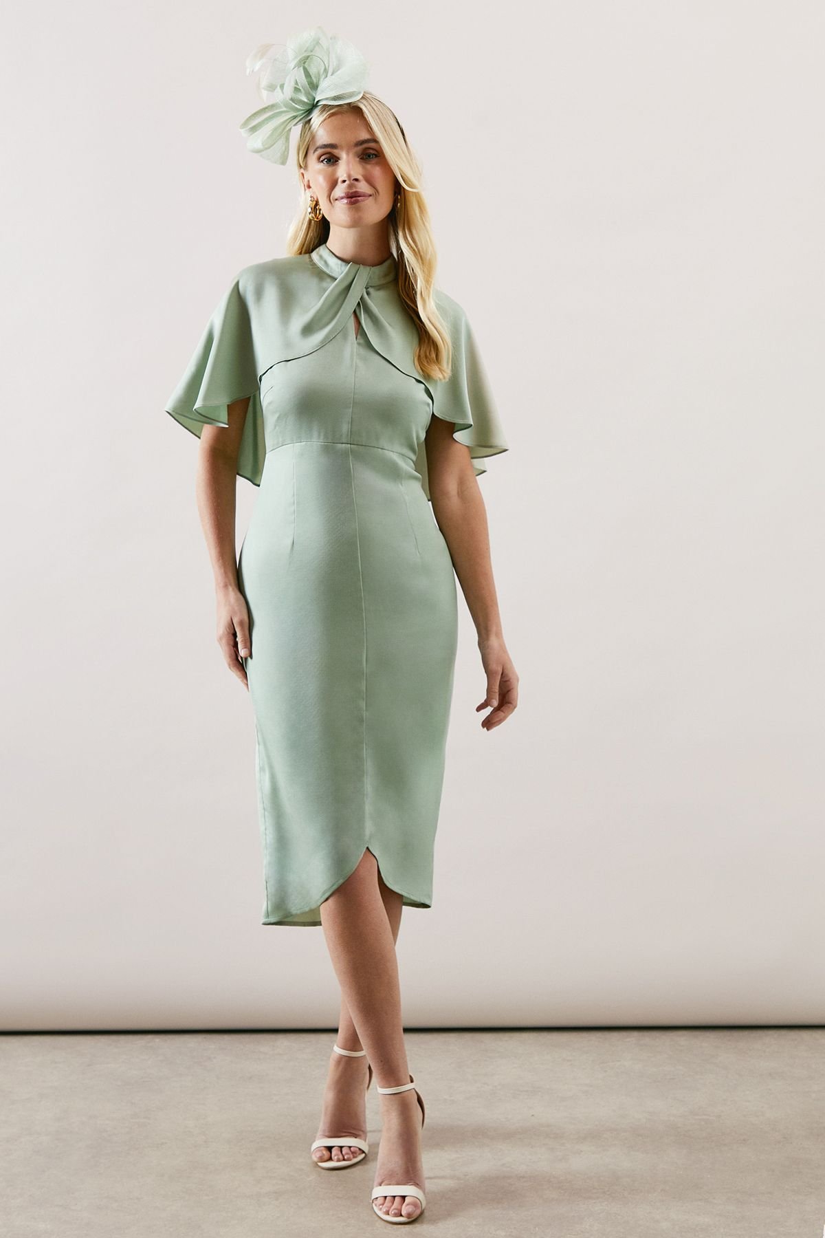 Wallis Wallis Women's Petite Satin Cape Sleeve Keyhole Dress in Sage - 2