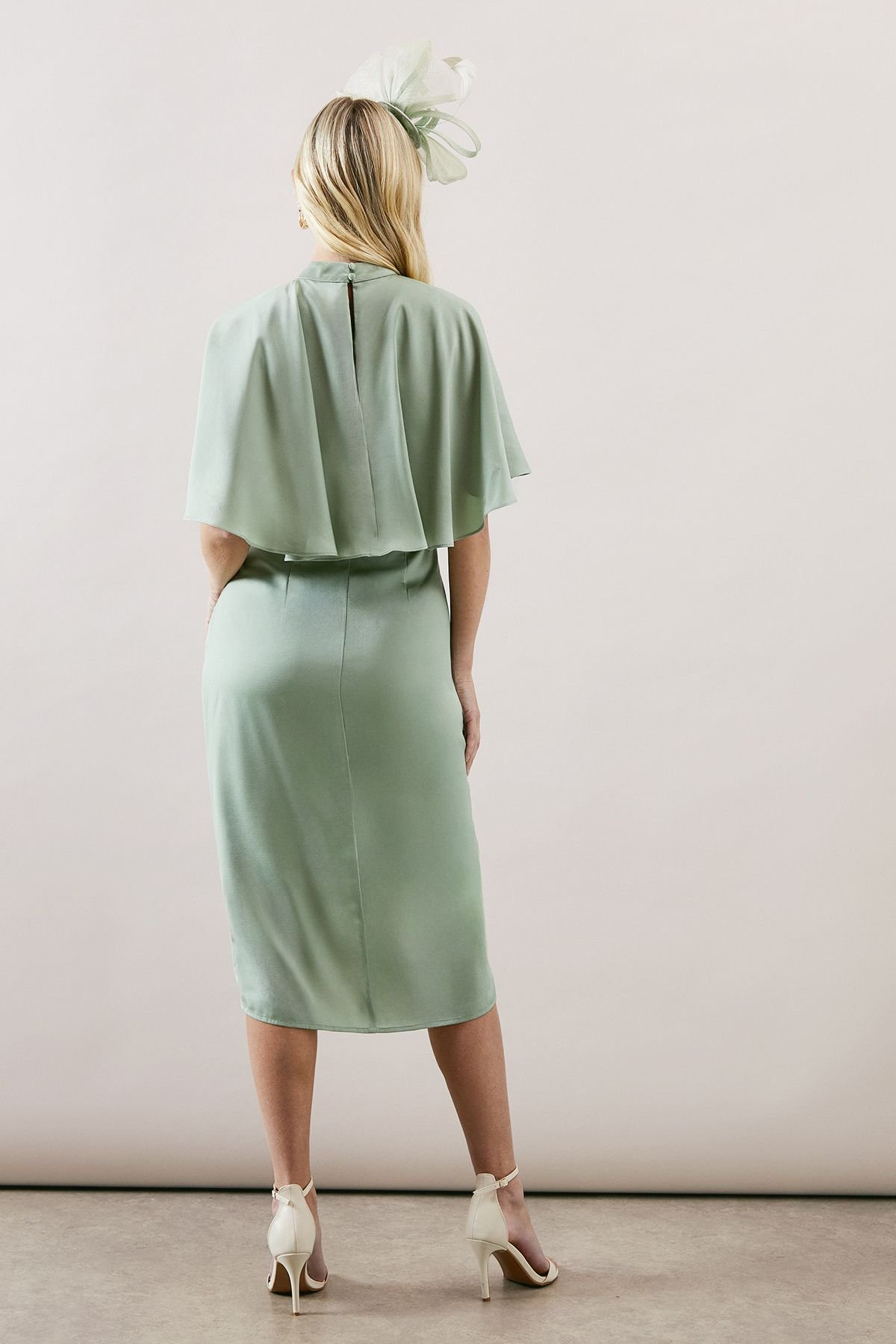 Wallis Wallis Women's Petite Satin Cape Sleeve Keyhole Dress in Sage - 3