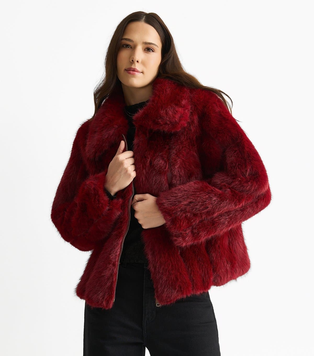 Gini London Women's Burgundy Faux Fur Collared Jacket Gini London New Look