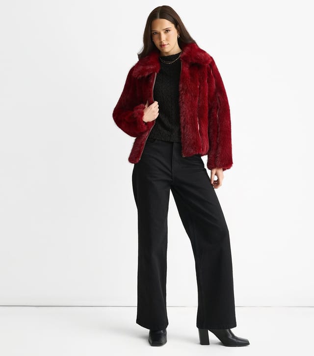 Gini London Women's Burgundy Faux Fur Collared Jacket Gini London New Look - 2