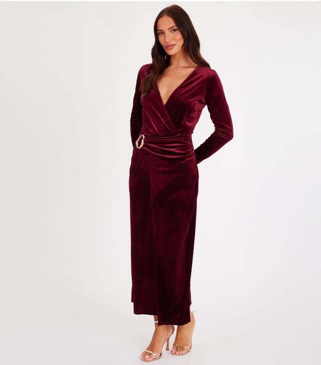 Quiz Women's Dark Red Velvet Wrap Midaxi Dress Quiz New Look - 3
