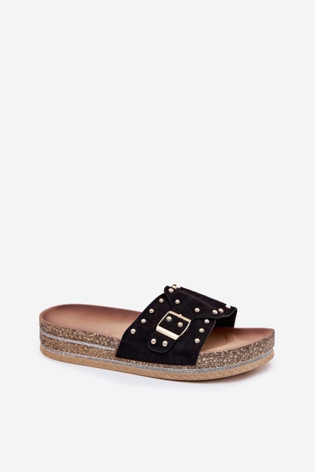 Love Lace Love Lace Women's Platform Suede Sandals with Buckle & Studs Sequined Glow in Black - 2