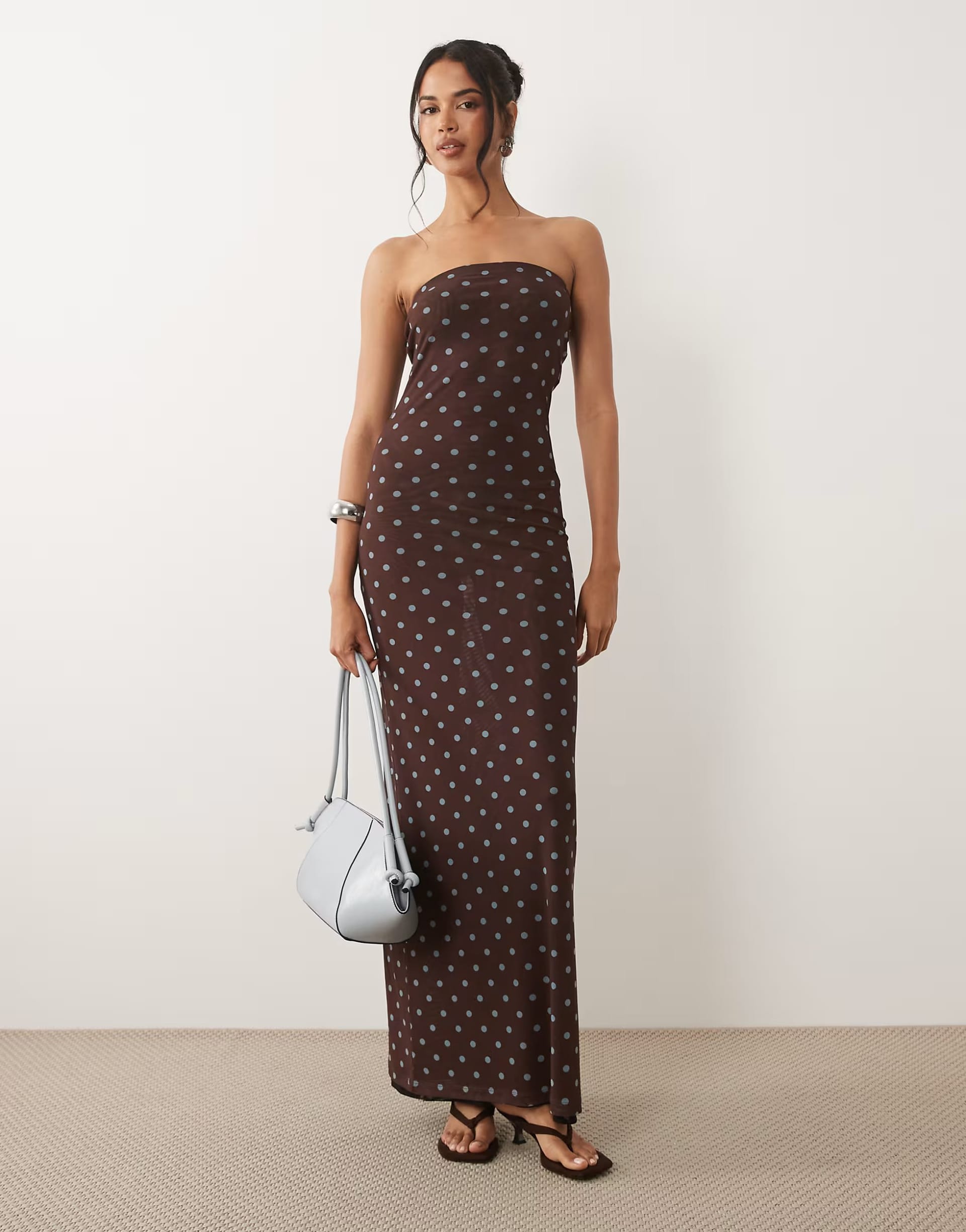ASOS DESIGN Brown Polka Dot Sheer Mesh Bandeau Maxi Dress