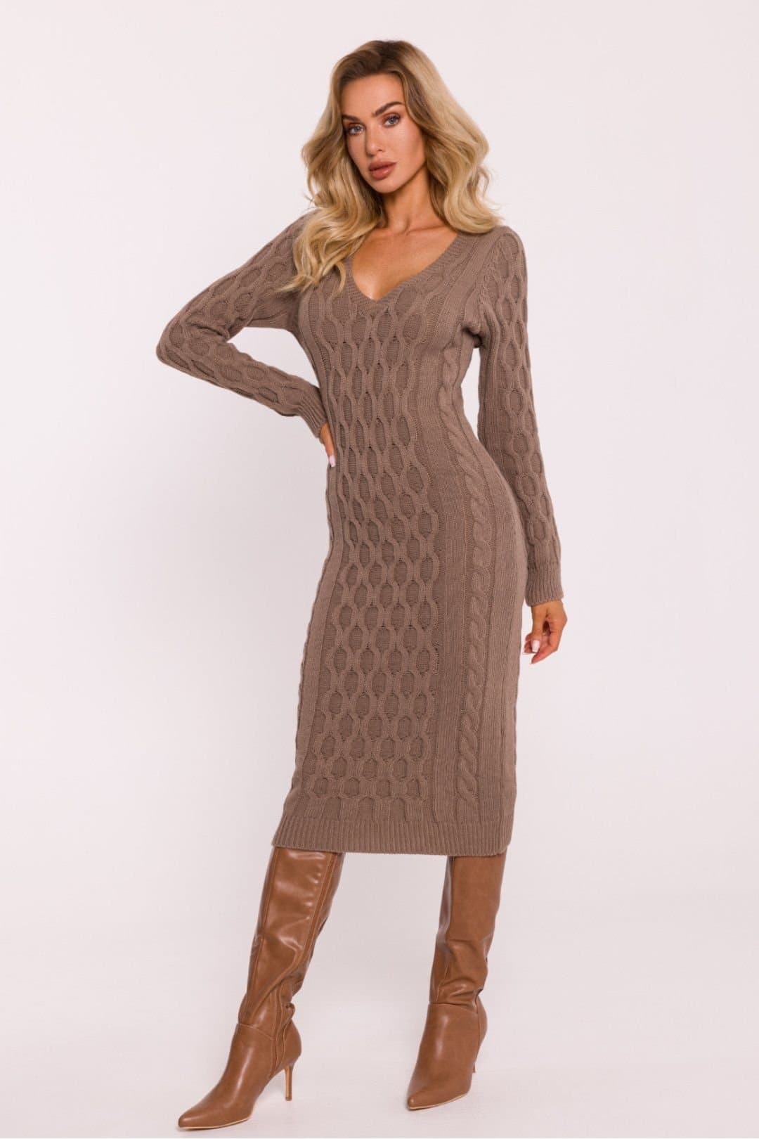 Love Lace Love Lace Women's Midi Variegated Knit V Neck Sweater Dress in Brown