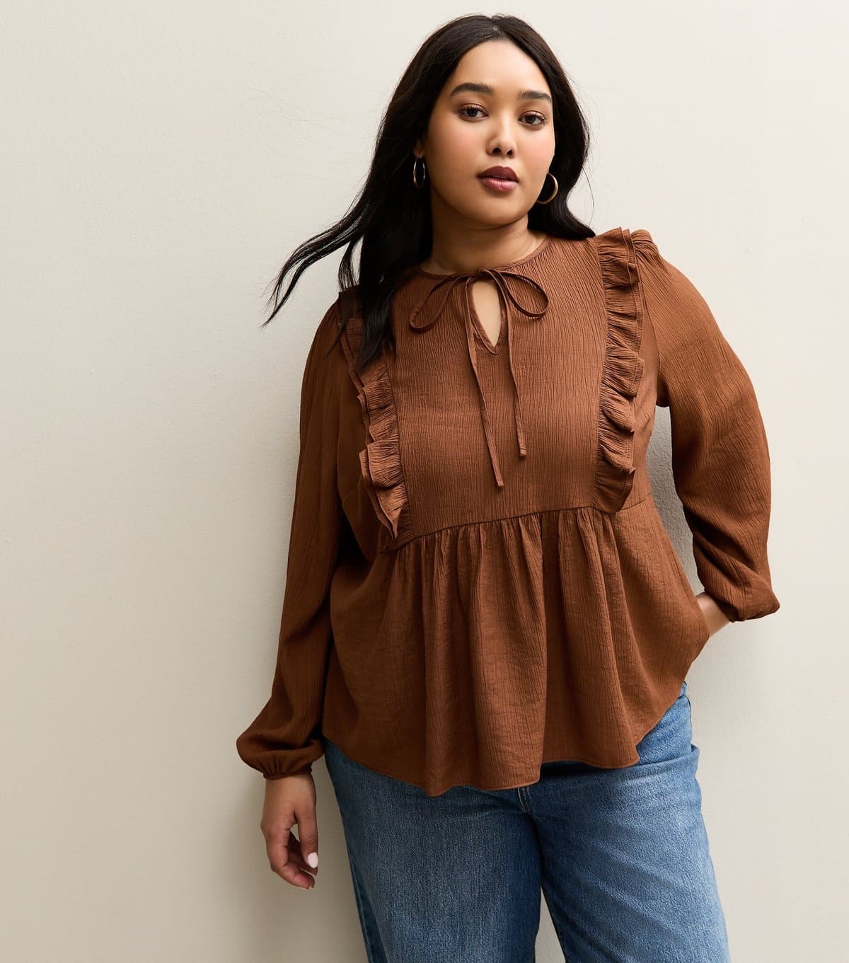 New Look Women's Plus Size Rust Ruffled Tie Neck Blouse Curves New Look