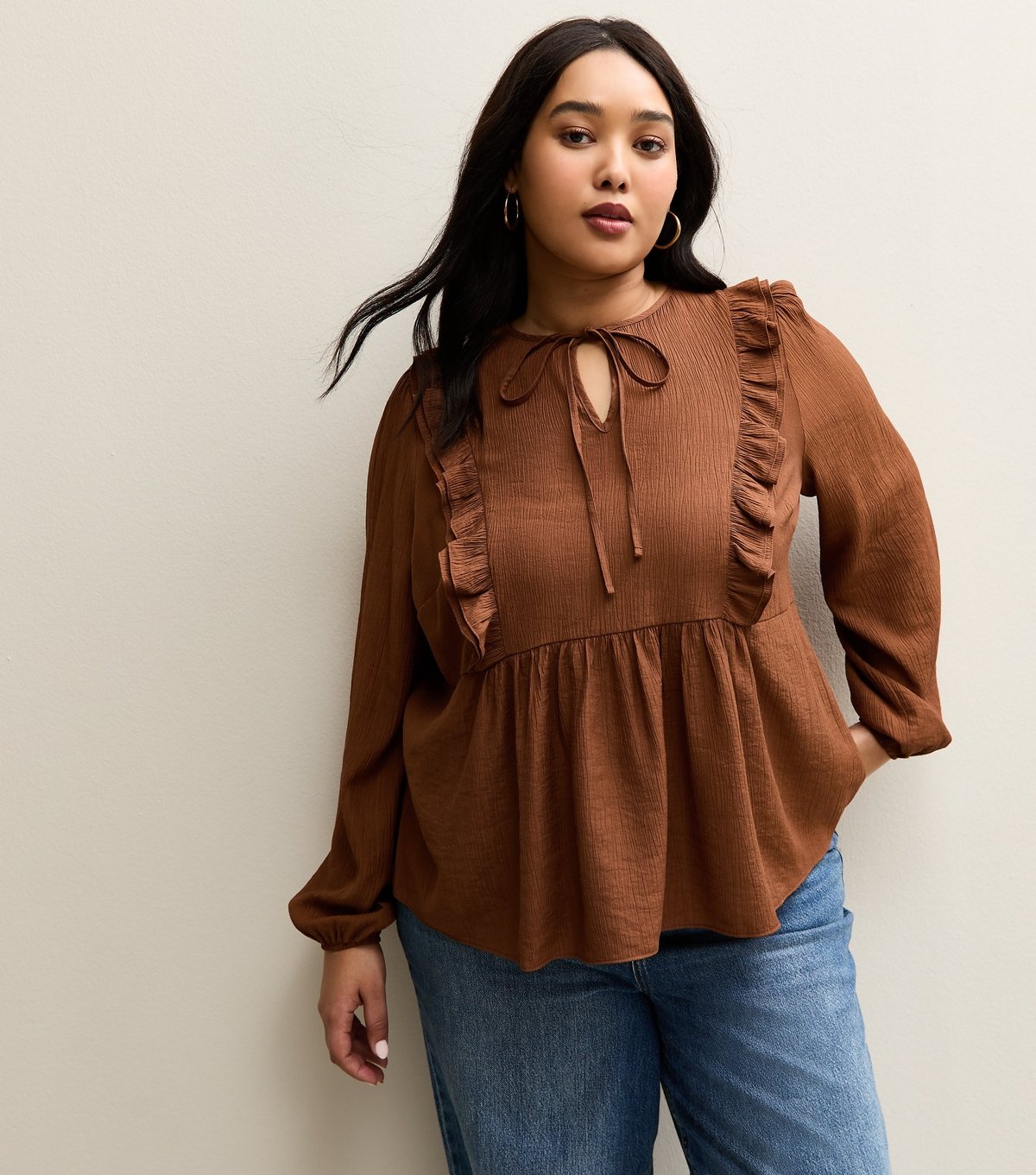 New Look Women's Plus Size Rust Ruffled Tie Neck Blouse Curves New Look - 2