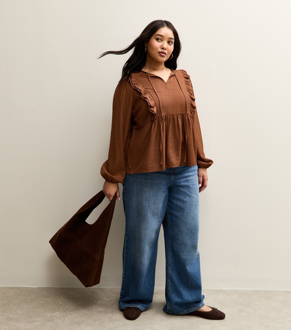 New Look Women's Plus Size Rust Ruffled Tie Neck Blouse Curves New Look - 3