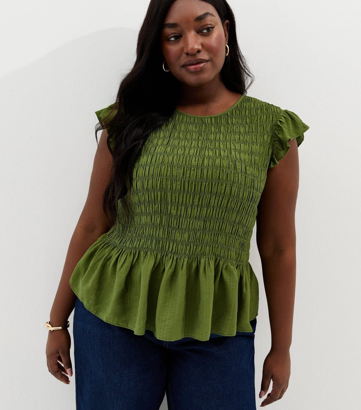 New Look Women's Plus Size Green Shirred Frill Sleeve Top Curves New Look