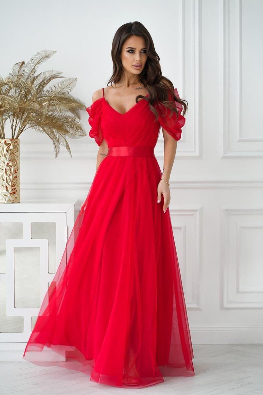 Love Lace Love Lace Women's Long Spanish Style Dress with Tulle Sleeves Belt in Red