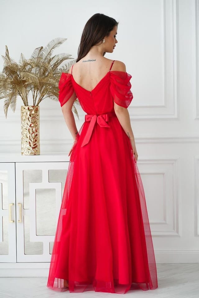 Love Lace Love Lace Women's Long Spanish Style Dress with Tulle Sleeves Belt in Red - 3
