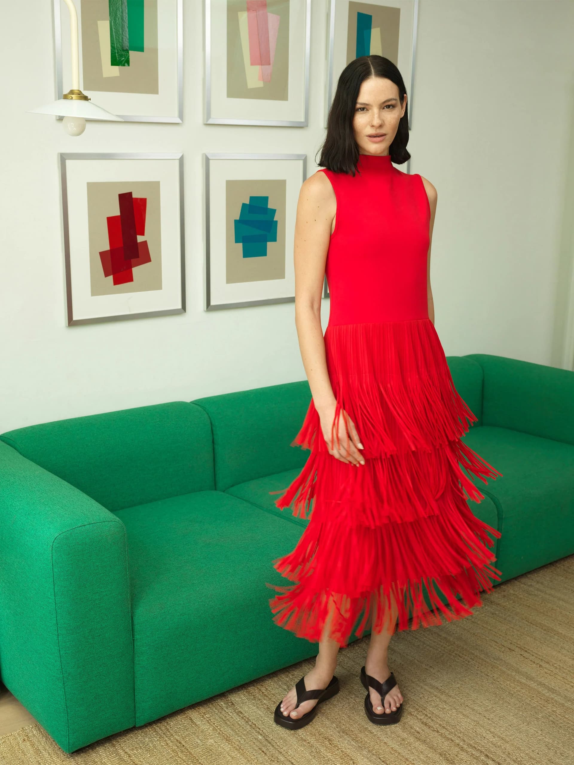 French Connection Hilde Red Fringe Jersey Midi Dress Rouge Red