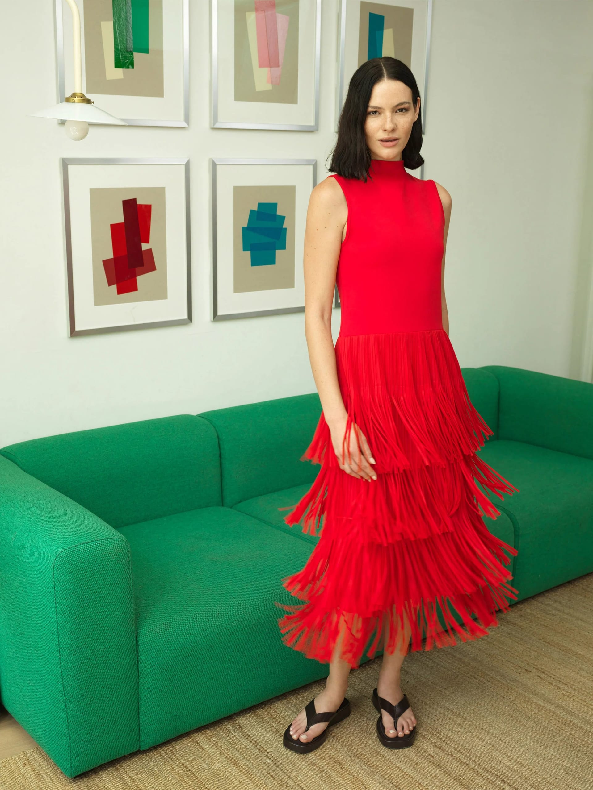 Hilde Red Fringe Jersey Midi Dress Rouge Red