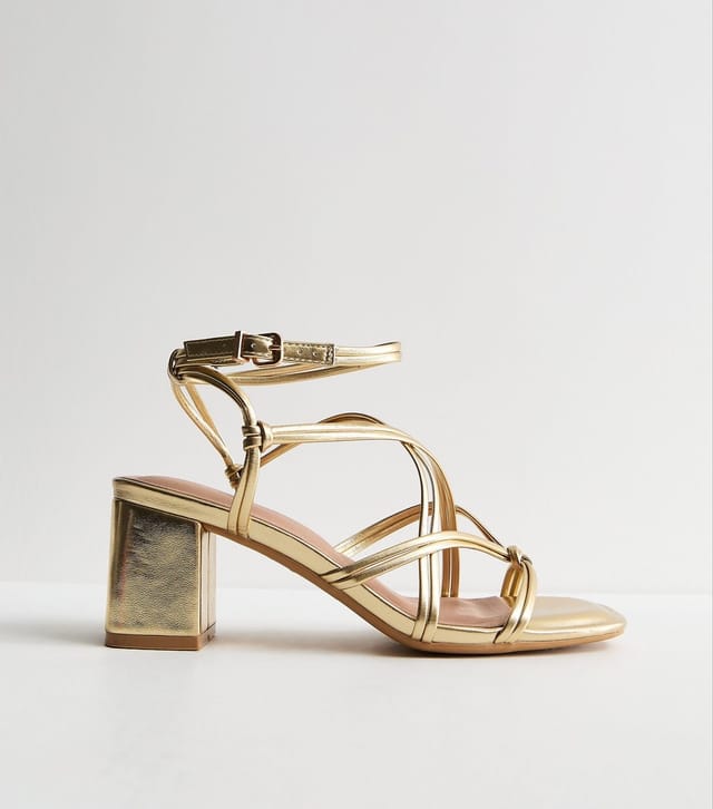 New Look Women's Wide Fit Gold Faux Leather Strappy Block Heel Sandals Vegan New Look - 2