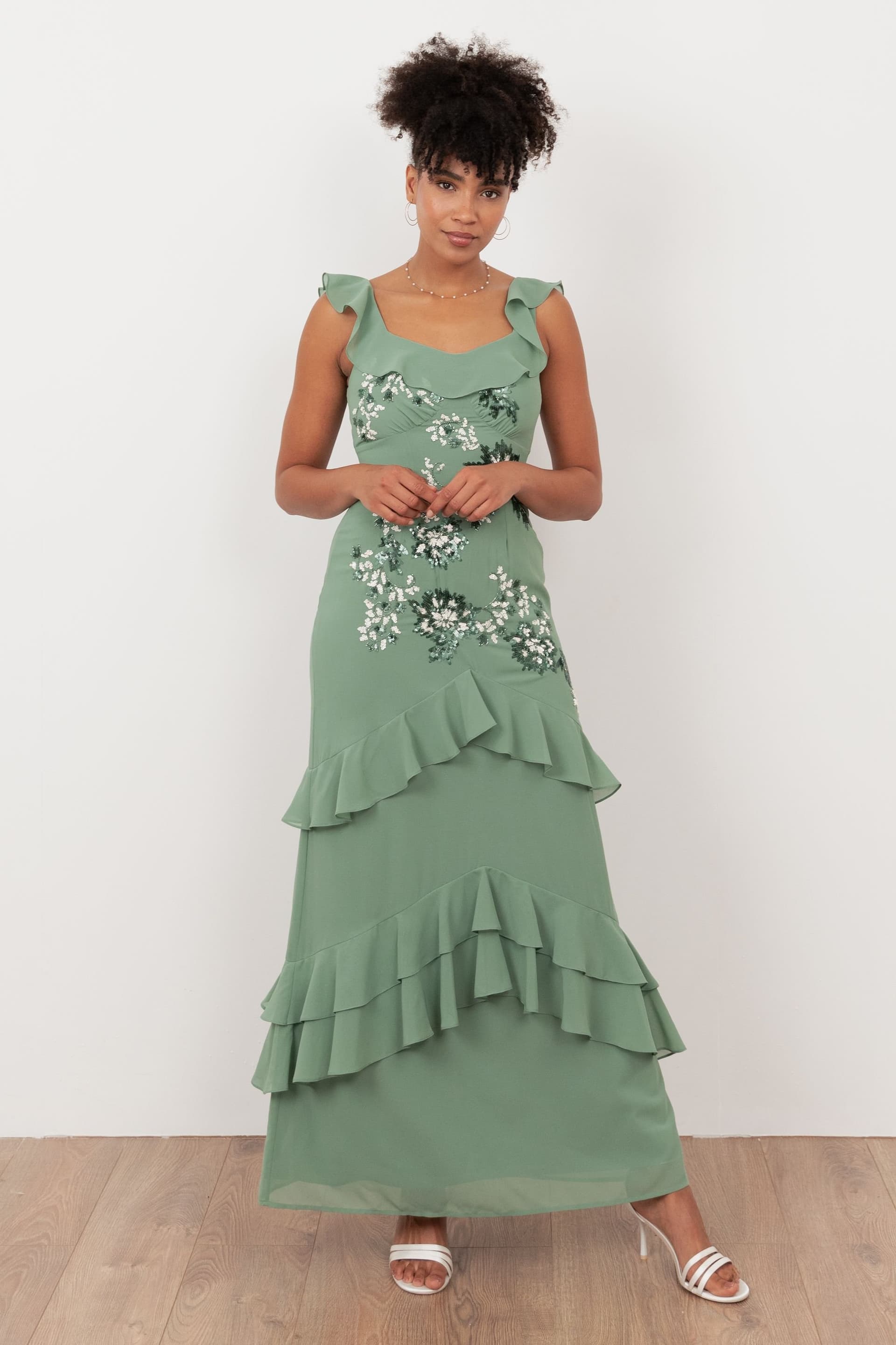 Maya Deluxe Maya Deluxe Women's Embellished Ruffle Maxi Dress in Light Green