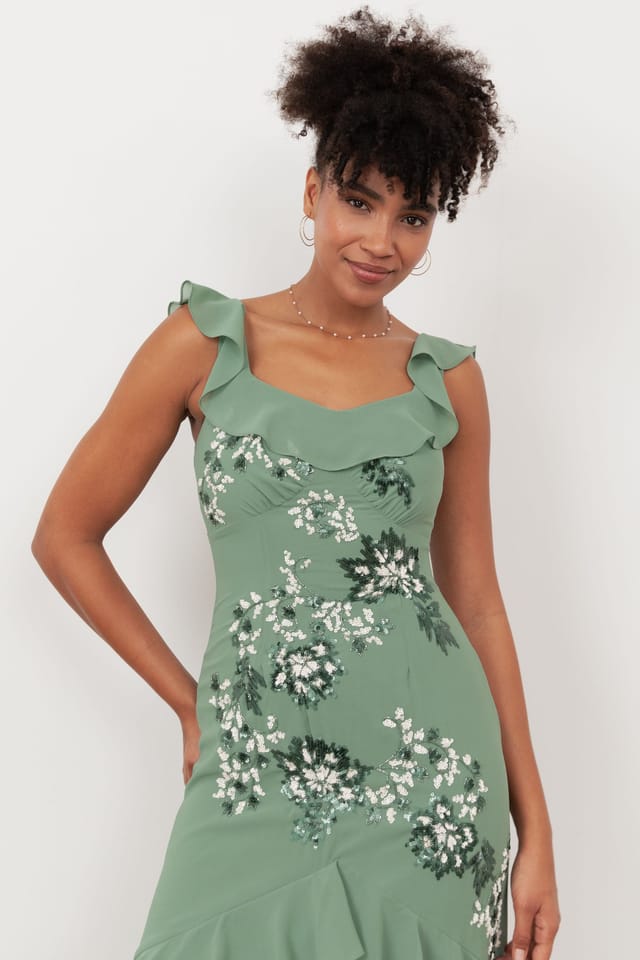 Maya Deluxe Maya Deluxe Women's Embellished Ruffle Maxi Dress in Light Green - 3